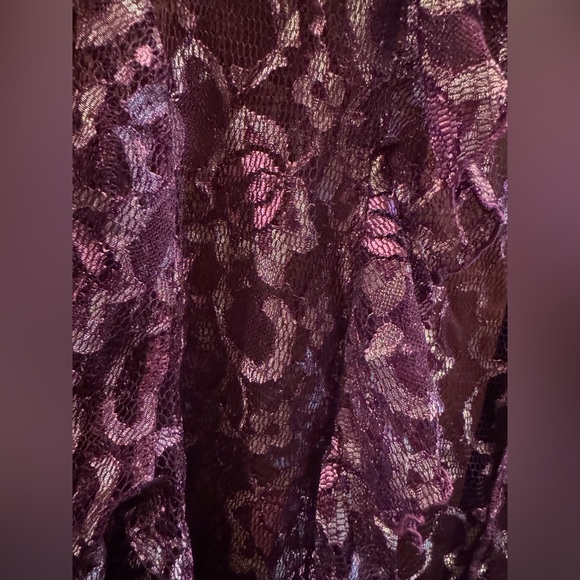 Bebe Y2K Women's Floral Sheer Lace Ruffled Blouse w/ Gold, Wine & Deep Pink Hues - Picture 6 of 16